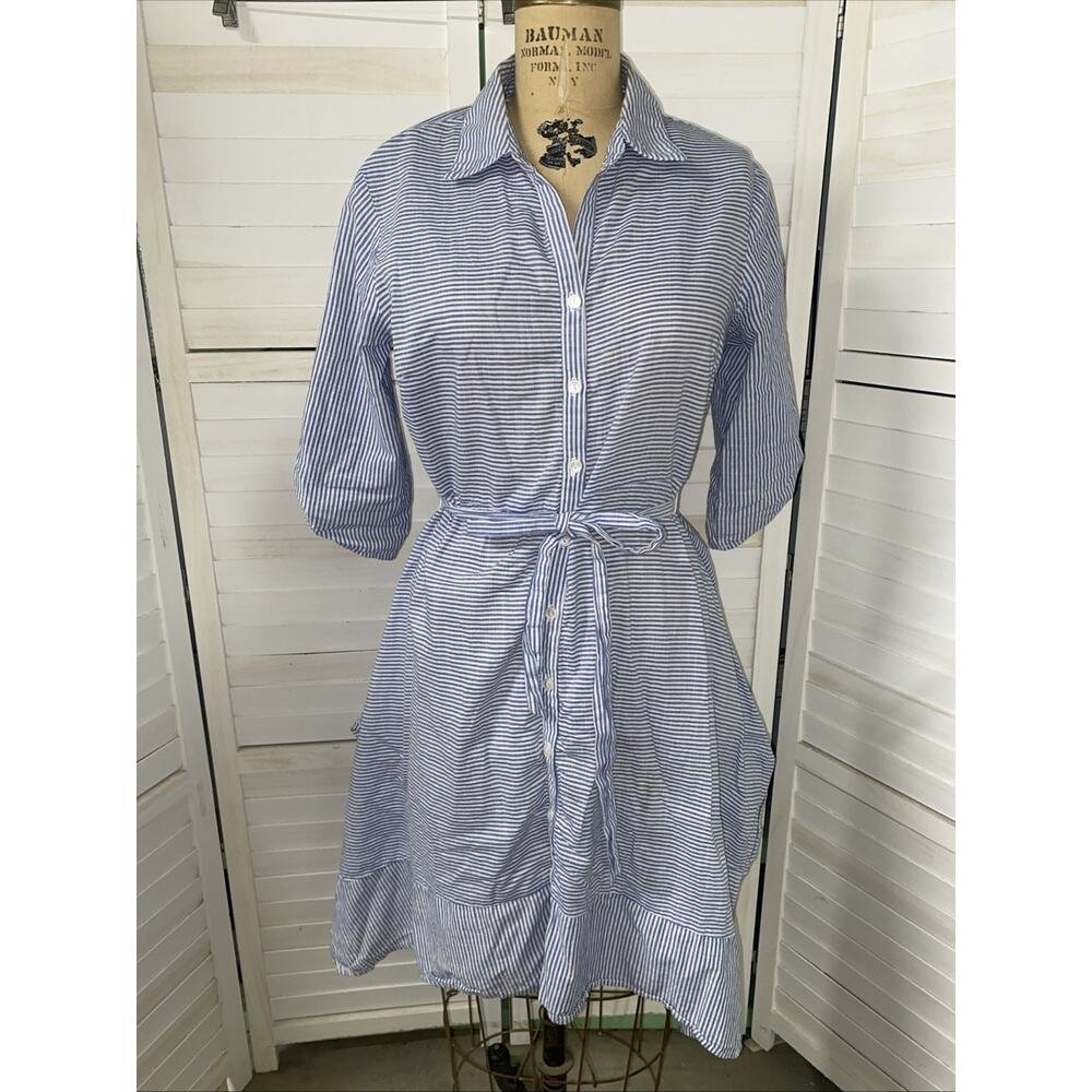 Per Seption Concept Women’s Large Striped Cotton Dress Asymmetrical Hem Roll Tab